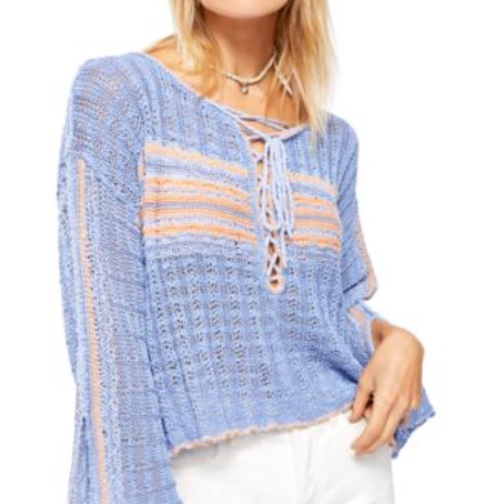 Free People Lace-Up Open Knit Sweater in Light Blue and Peach